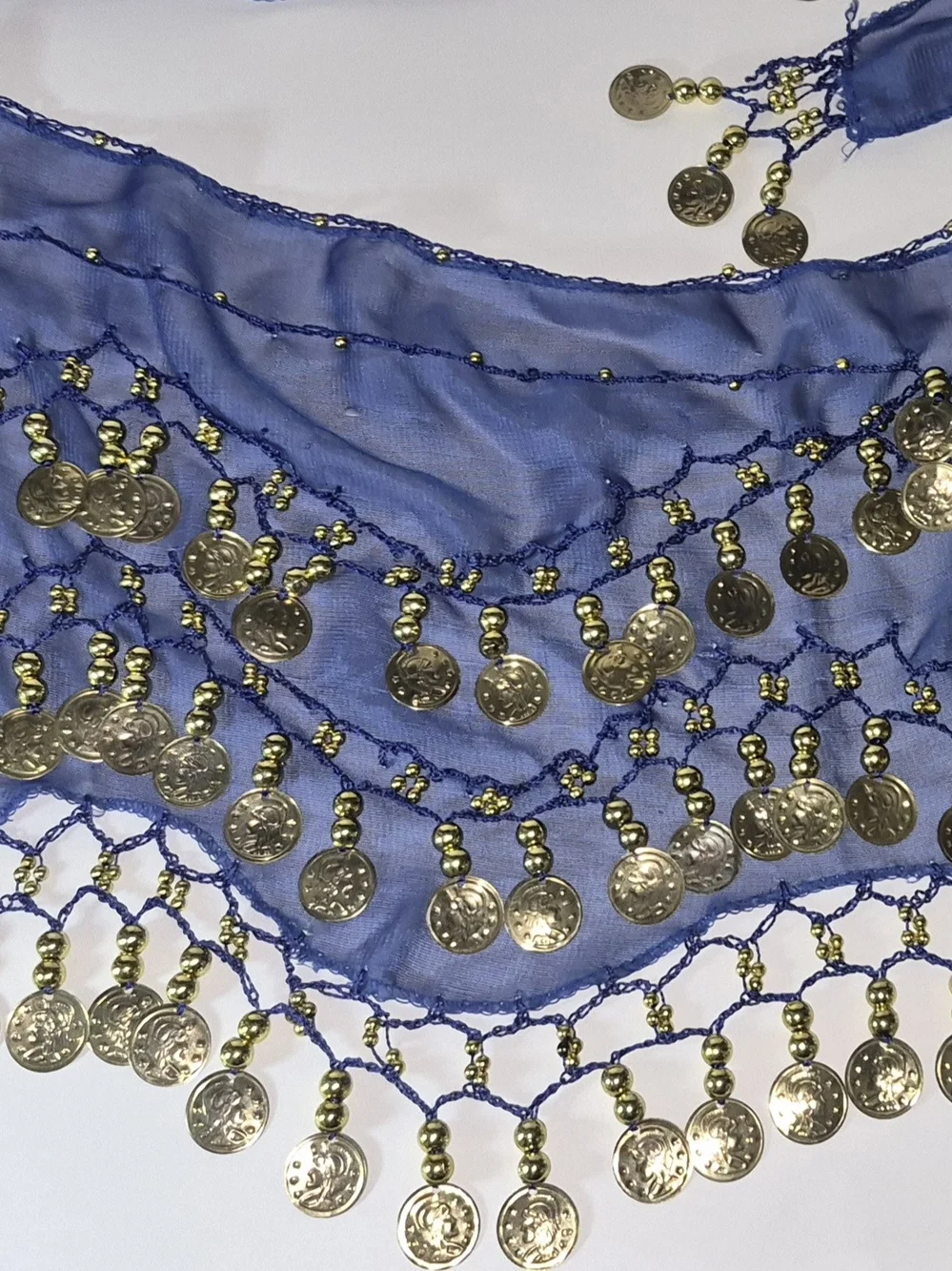 Gold Coin Fringe Belly Dance Hip Scarf - Blue